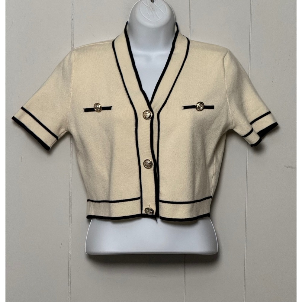 SHEIN Women's Cream Black Trim Short Sleeve Cropped Cardigan Sweater Size Large